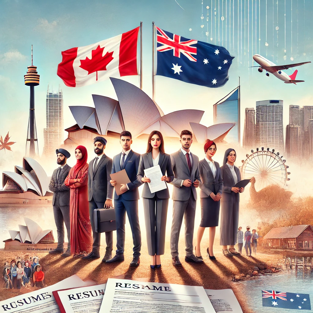 Indian professionals and students transitioning from Canada to Australia for better opportunities. The scene features a group of